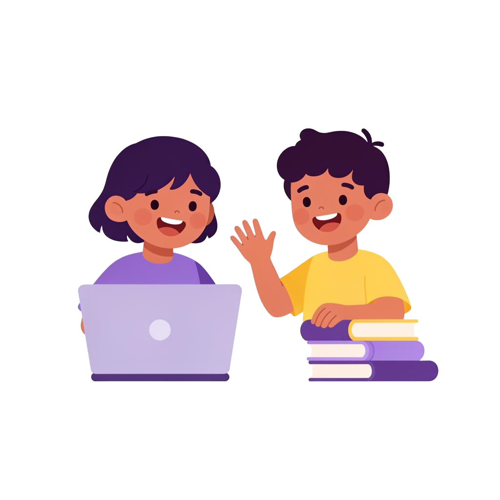 Two happy kids learning online with a laptop